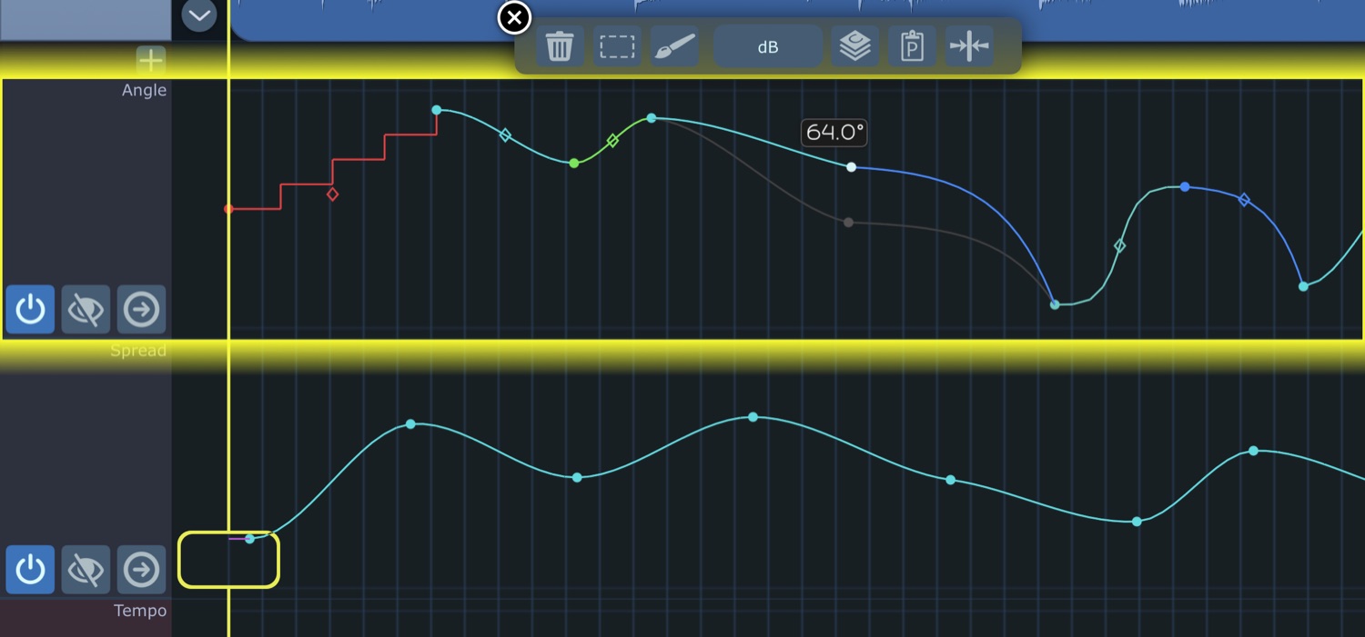 Automation lanes in the timeline: curves with handles on the Angle and Spread lanes, and the Tempo lane label just below