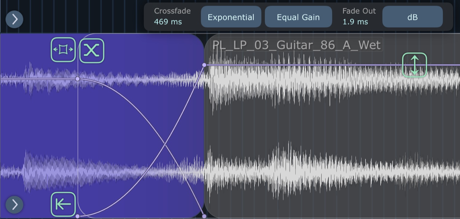 Two overlapping regions with their crossfade curves crossing in the overlap, and the Region Fade panel above them set to Exponential and Equal Gain