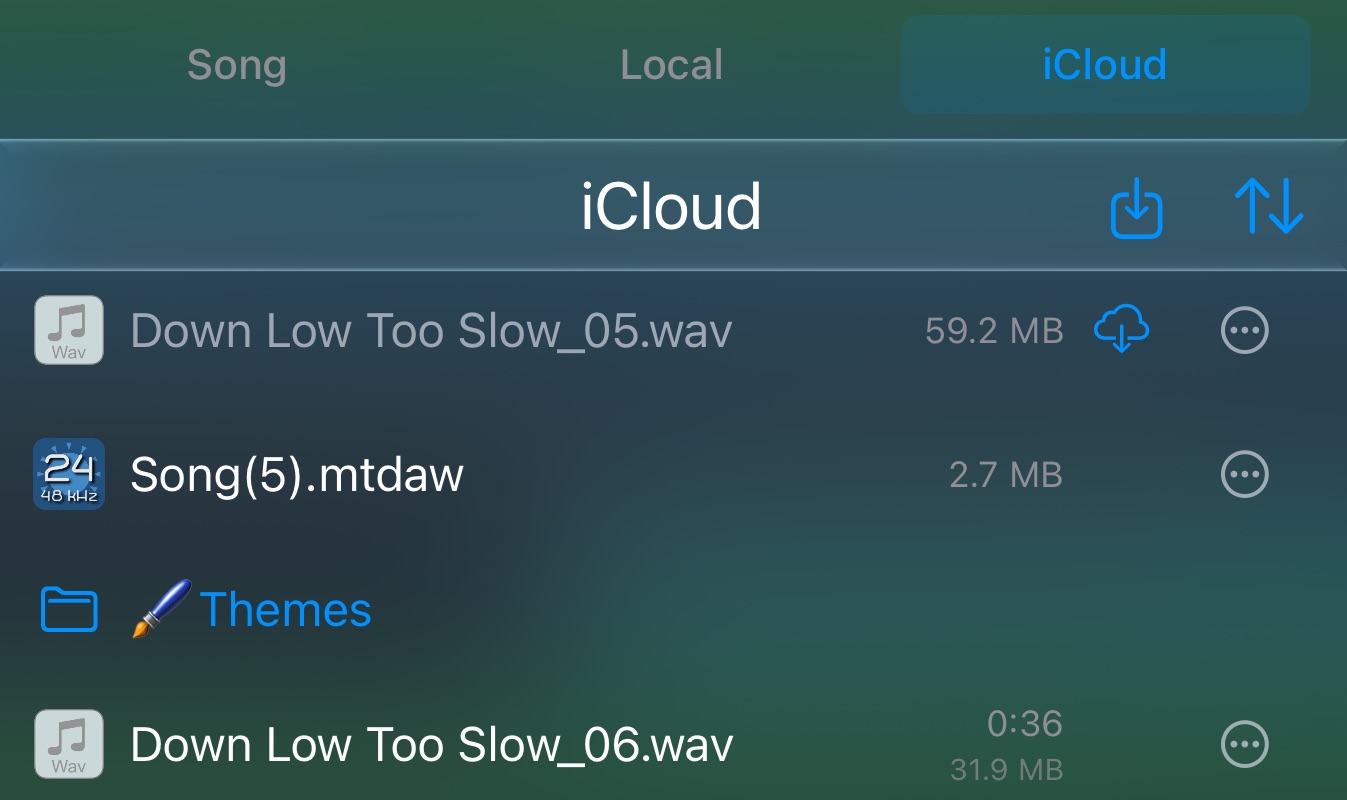 The Files panel on its iCloud tab: a WAV file with a download icon, a project, a Themes folder and a second WAV file, each with its size, and a sort button above the list