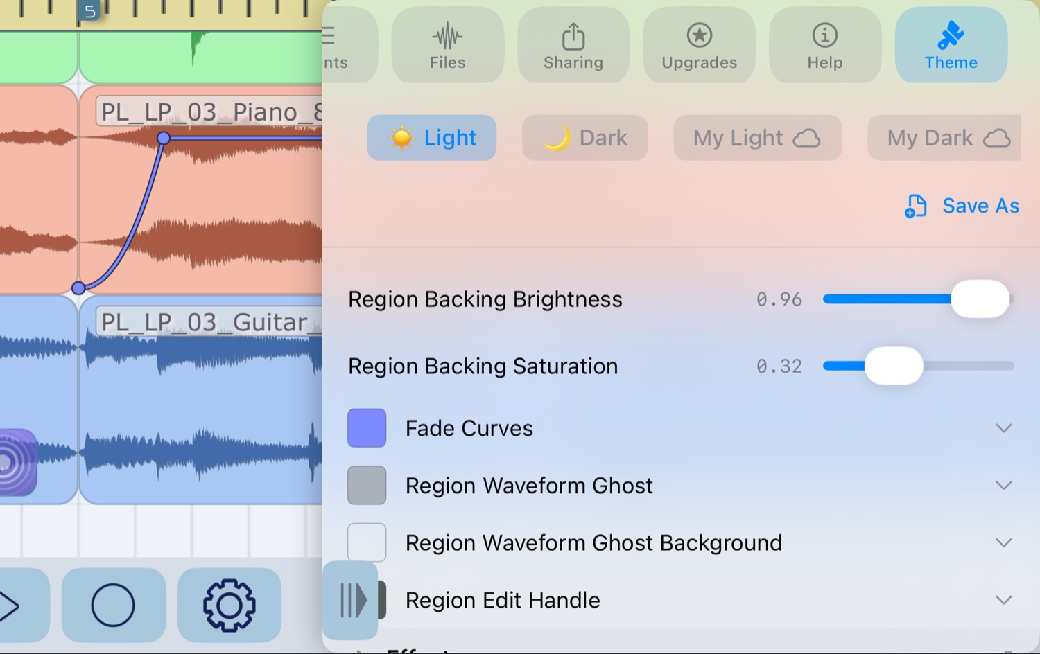 The app in the Light theme with the Theme panel open: the Light, Dark, My Light and My Dark presets, and sliders for region backing brightness and saturation above a list of color settings