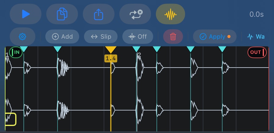 The warp editor on a drum loop: warp markers sit on the waveform, with the Add, Slip, Off and Apply toolbar above it